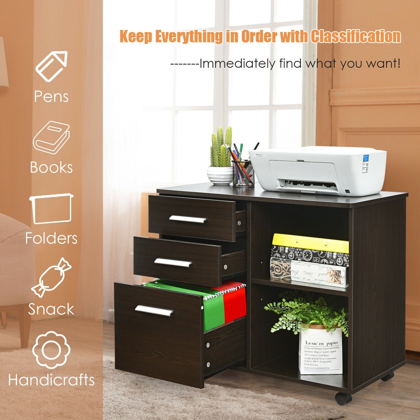3-Drawer Mobile Lateral File Cabinet Printer Stand-Black