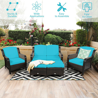5 Pieces Patio Rattan Sofa Set with Cushion and Ottoman-Black