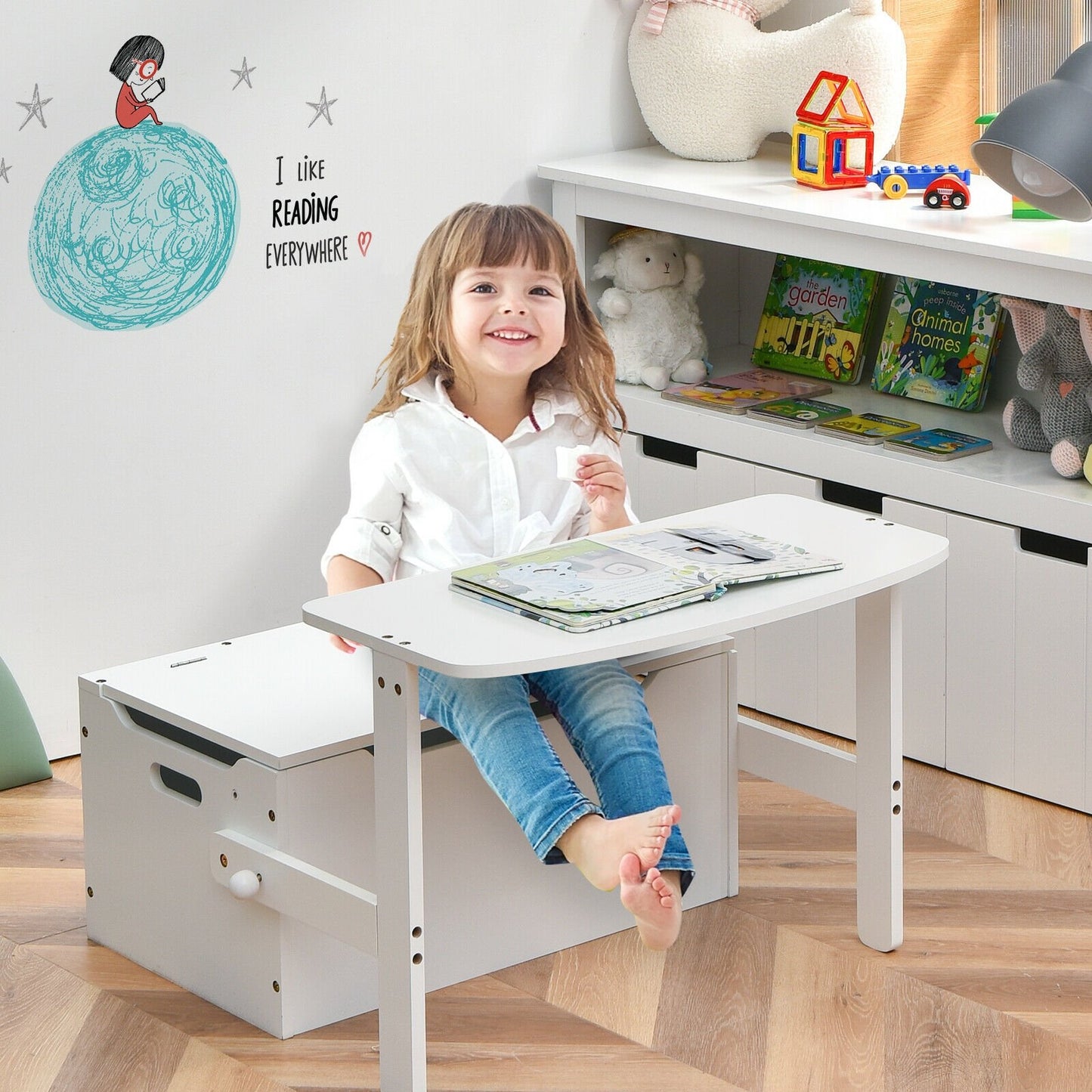 3-in-1 Kids Convertible Storage Bench Wood Activity Table and Chair Set-White