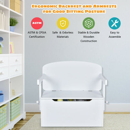 3-in-1 Kids Convertible Storage Bench Wood Activity Table and Chair Set-White