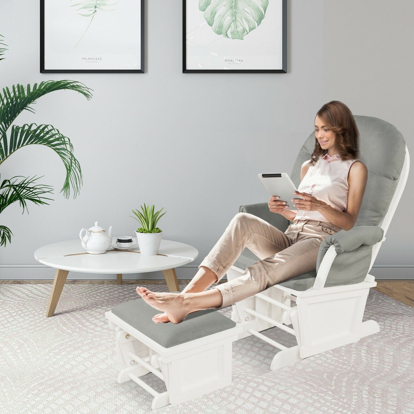 Wood Baby Glider and Ottoman Cushion Set with Padded Armrests for Nursing-Beige