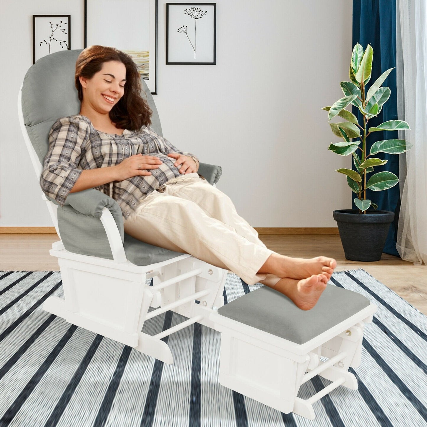 Wood Baby Glider and Ottoman Cushion Set with Padded Armrests for Nursing-Beige