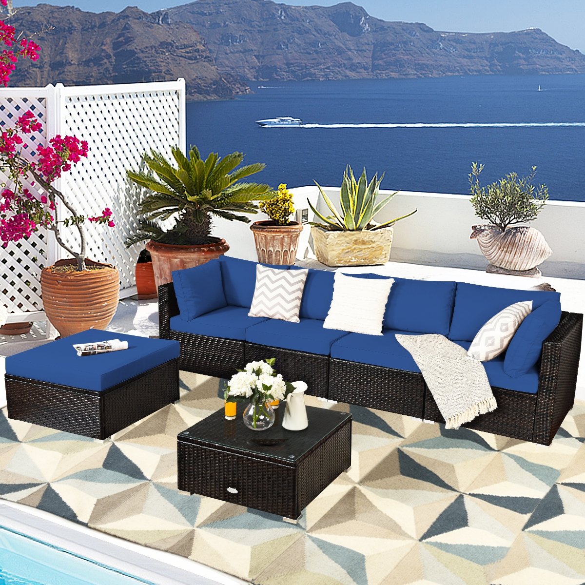 6 Pieces Outdoor Patio Rattan Furniture Set Sofa Ottoman-Coffee