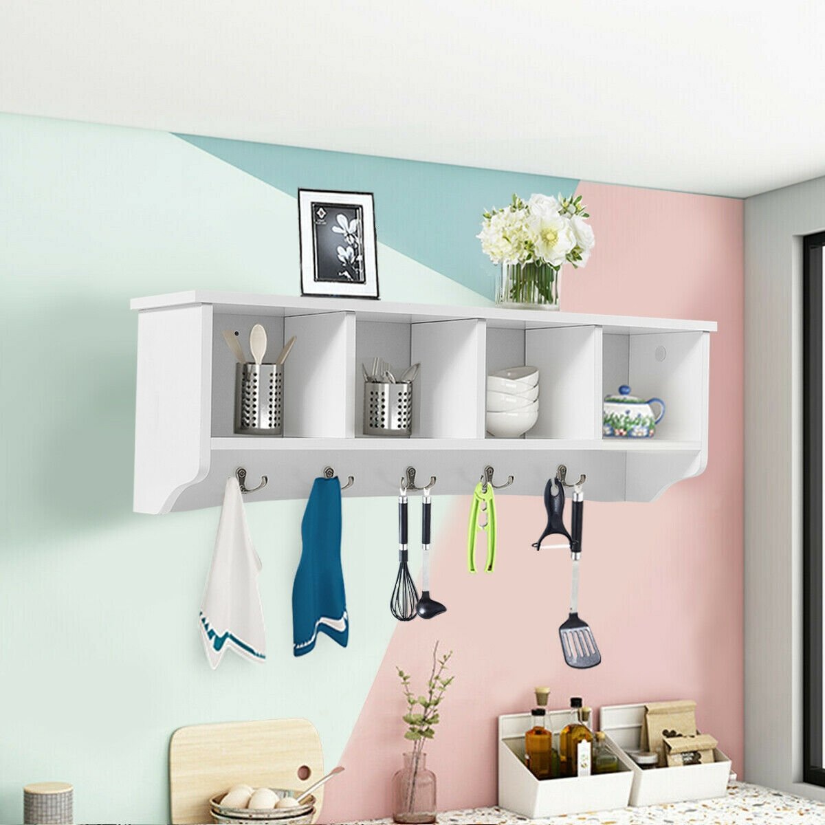 Hanging Entryway Shelf Coat Rack Wall Mounted Storage Cabinets-Black