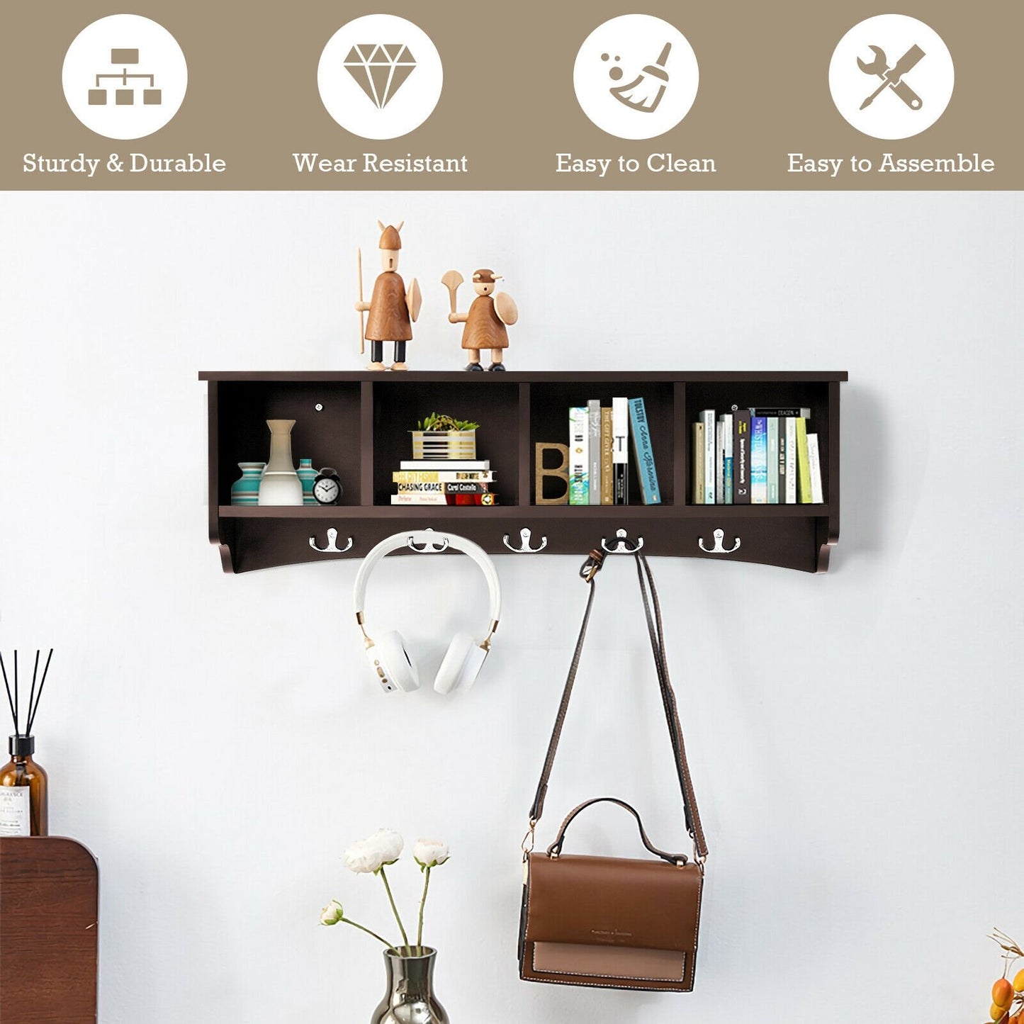 Hanging Entryway Shelf Coat Rack Wall Mounted Storage Cabinets-Black