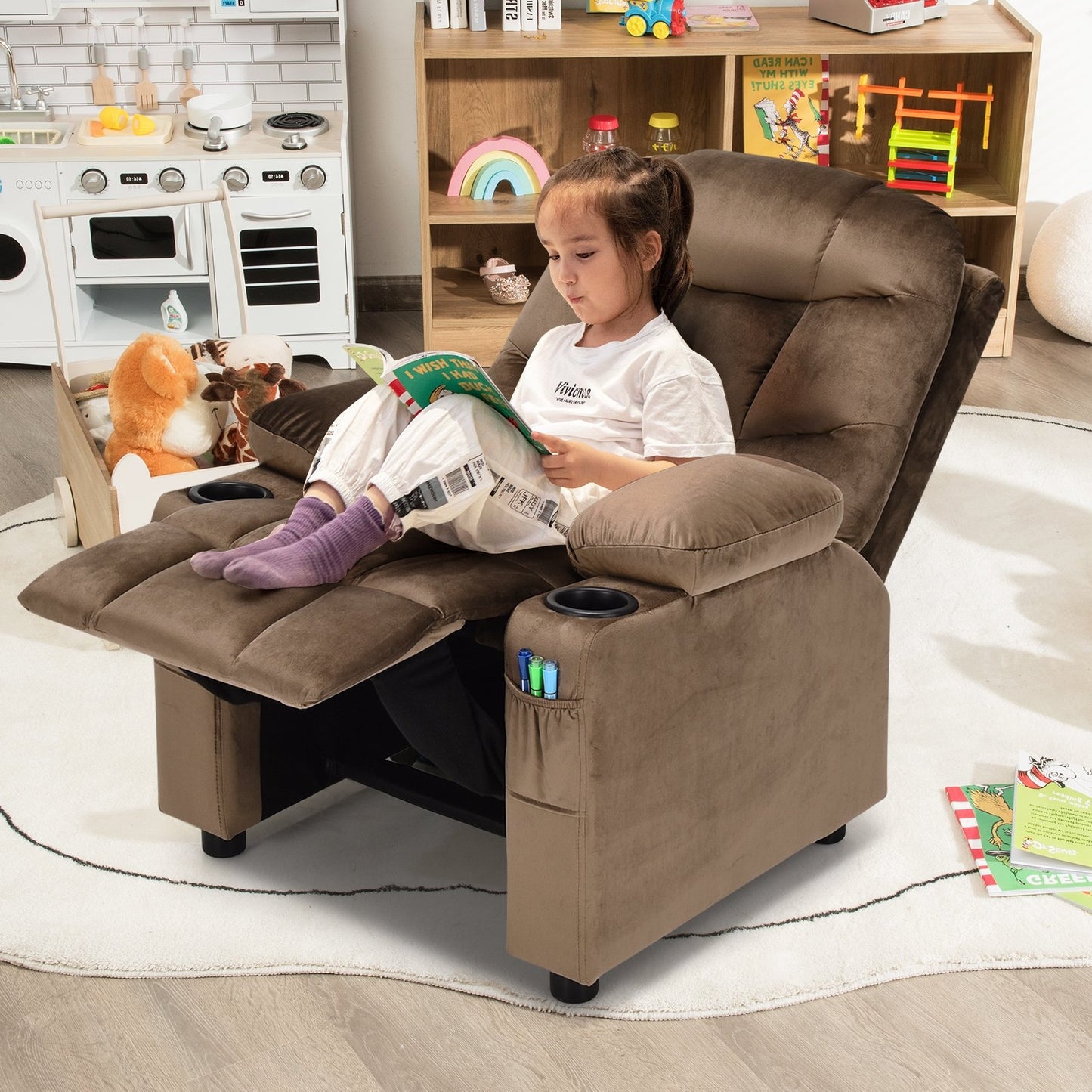Kids Recliner Chair with Cup Holder and Footrest for Children-Beige
