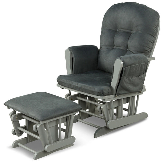 Wood Glider and Ottoman Set with Padded Armrests and Detachable Cushion-Dark Gray