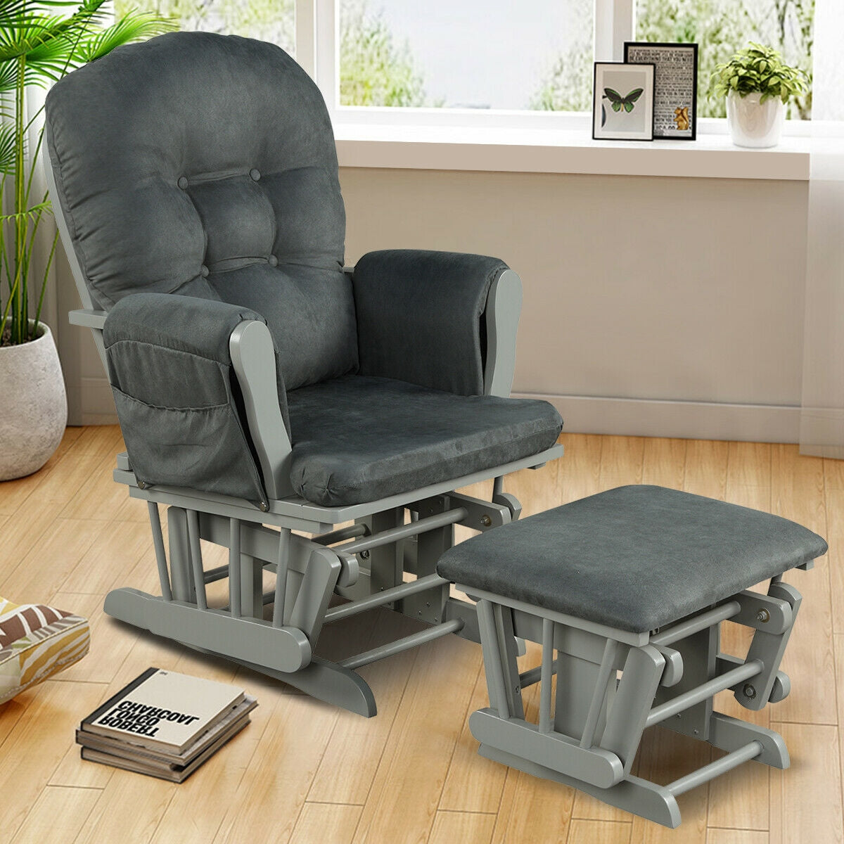 Wood Glider and Ottoman Set with Padded Armrests and Detachable Cushion-Dark Gray