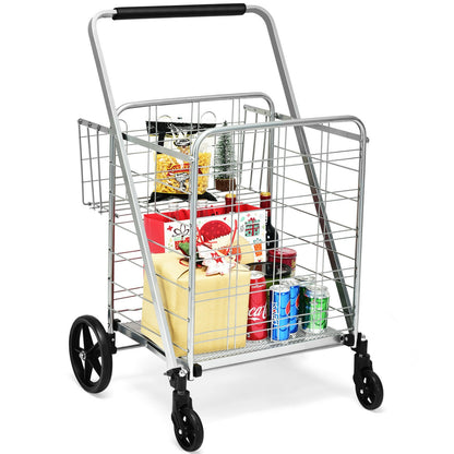 Heavy Duty Folding Utility Shopping Double Cart-Silver