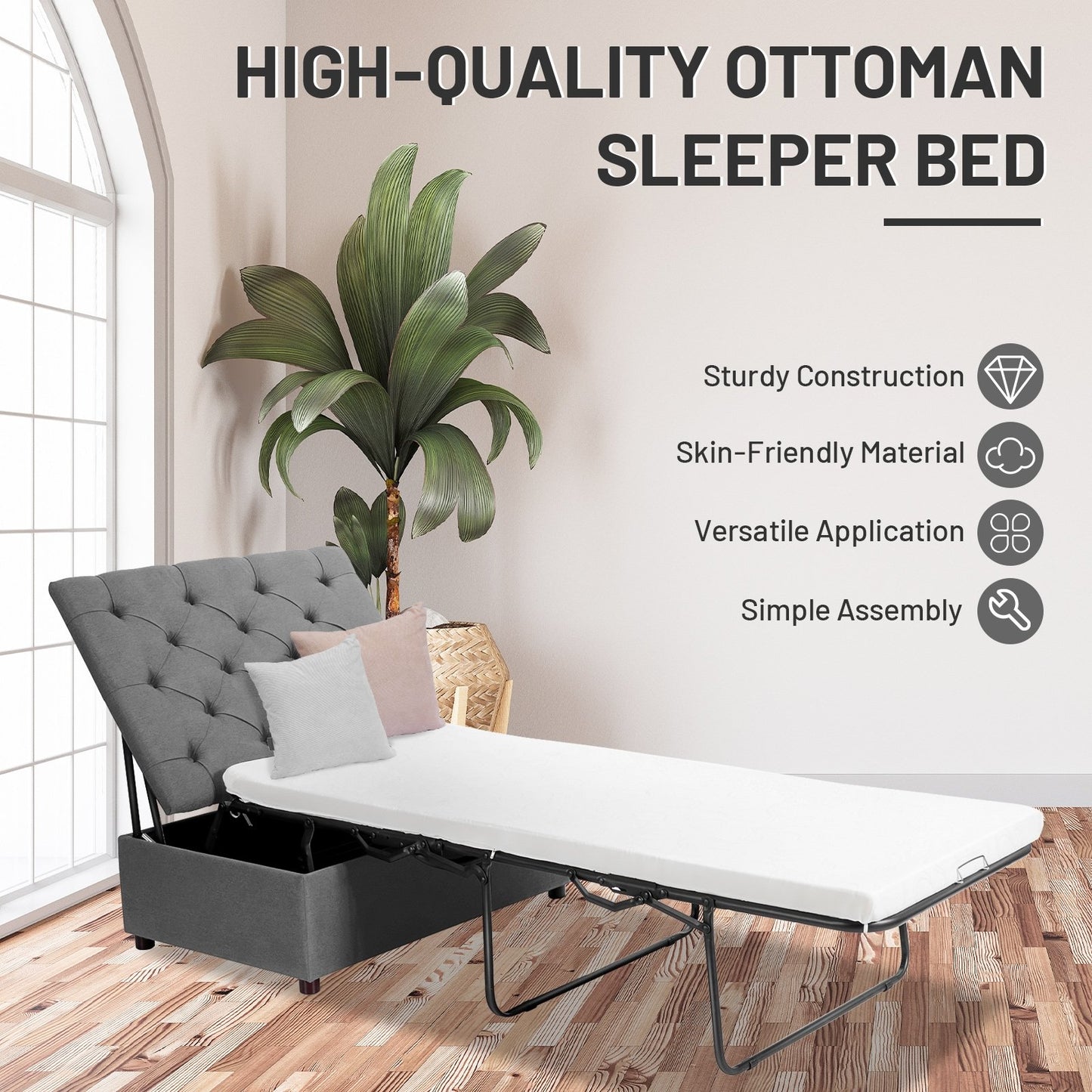 Folding Ottoman Sleeper Bed with Mattress for Guest Bed and Office Nap-Gray