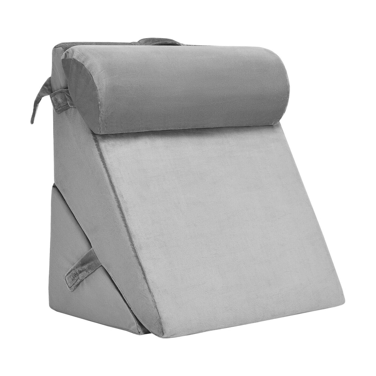 Gray adjustable neck and back support headrest made of memory foam, designed for comfortable bedding or lounge furniture.