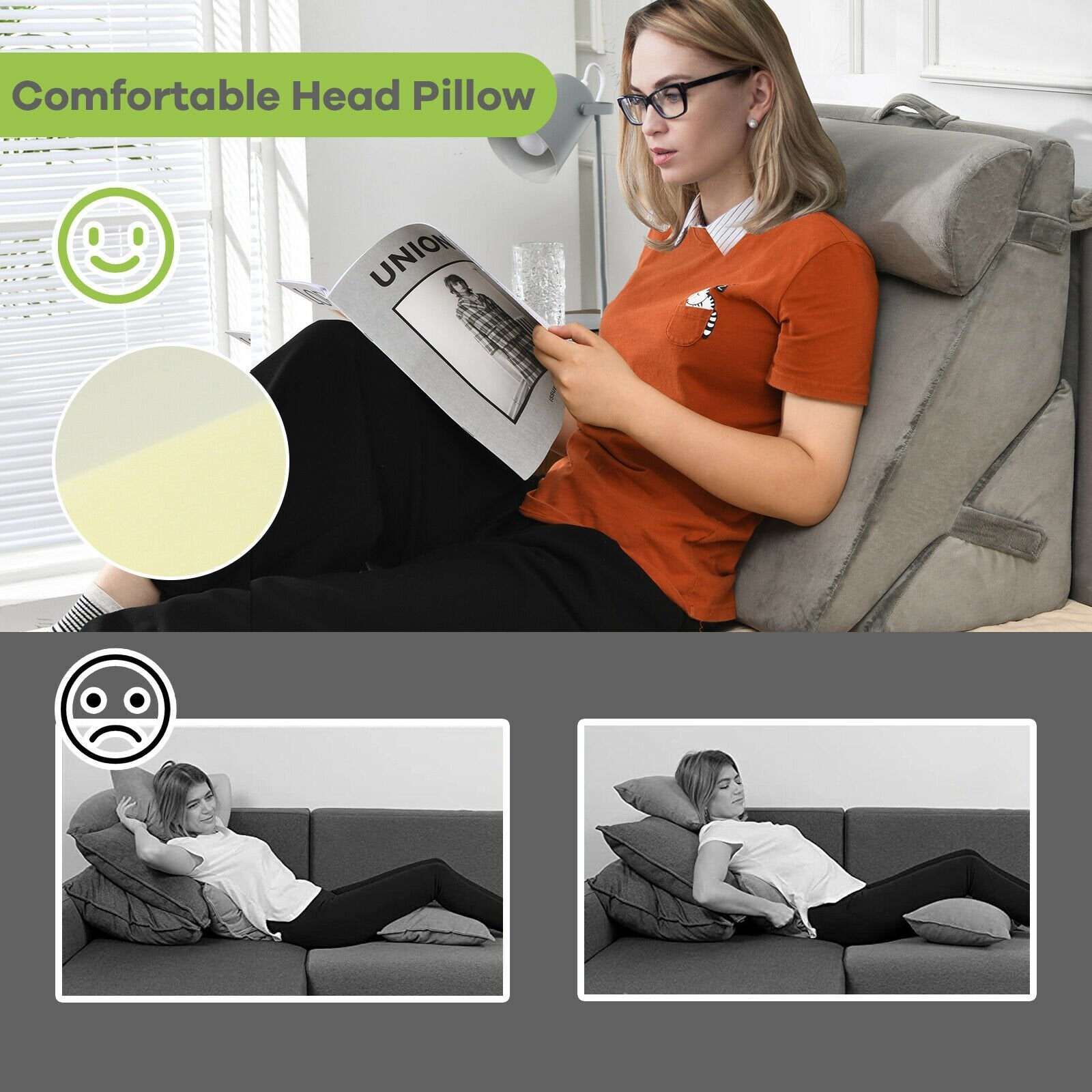 Gray adjustable neck and back support headrest with memory foam for bedroom bedding, designed for comfort and ergonomic support.