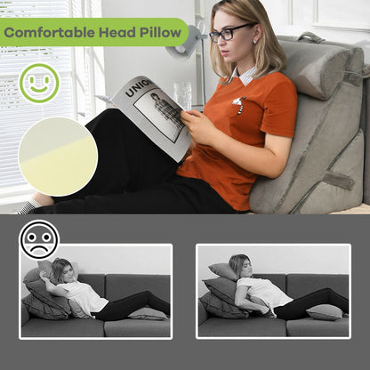 Gray adjustable neck and back support headrest with memory foam for bedroom bedding, designed for comfort and ergonomic support.