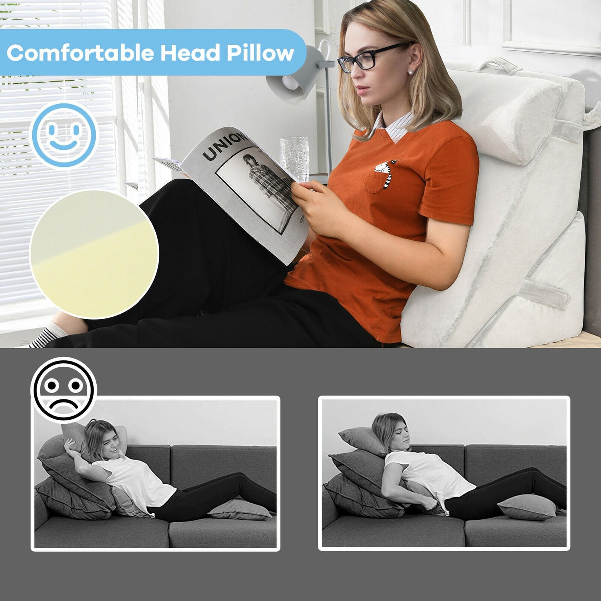 Gray adjustable neck and back support headrest made of memory foam, designed for bedroom furniture and bedding comfort.