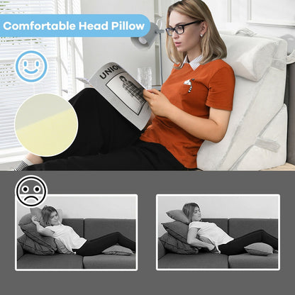 Gray adjustable neck and back support headrest made of memory foam, designed for bedroom furniture and bedding comfort.