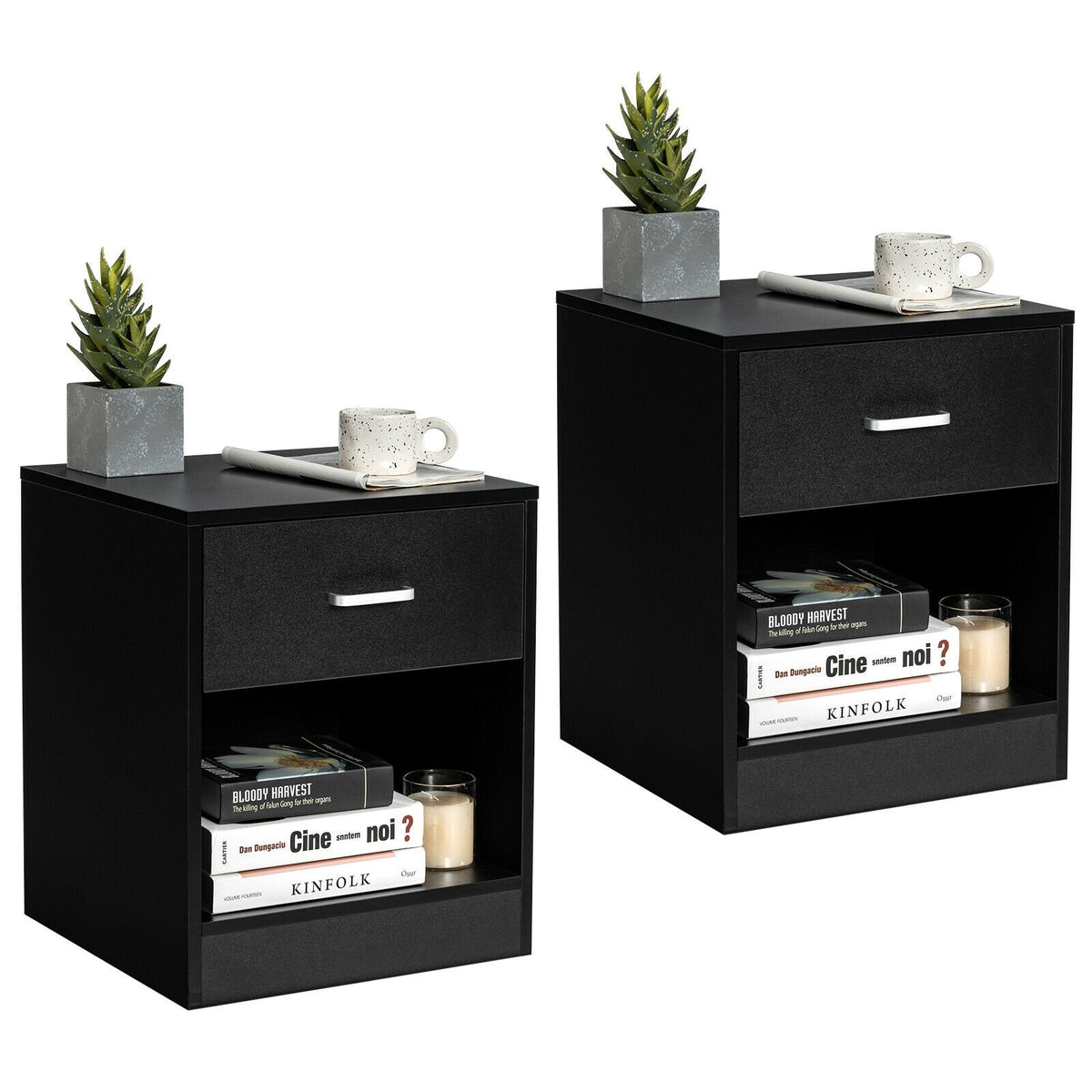 Two black bedroom nightstands with storage drawers and cabinets, featuring a sleek modern design for bedroom furniture.
