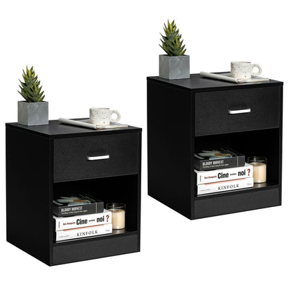 Two black bedroom nightstands with storage drawers and cabinets, featuring a sleek modern design for bedroom furniture.