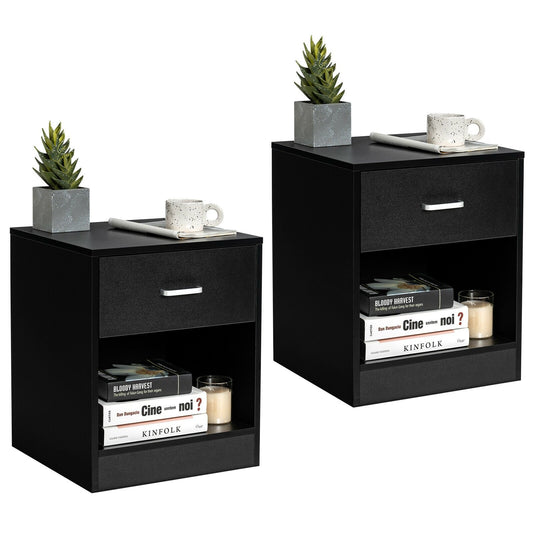 Two black bedroom nightstands with storage drawers and cabinets, featuring a sleek modern design for bedroom furniture.