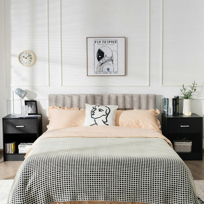 Black 2-piece bedroom nightstand set with storage drawer and cabinet, featuring modern furniture design by Wilsons Home Store.