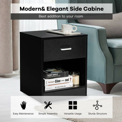 Black 2-piece bedroom nightstand set with storage drawer and cabinet, modern furniture by Wilsons Home Store