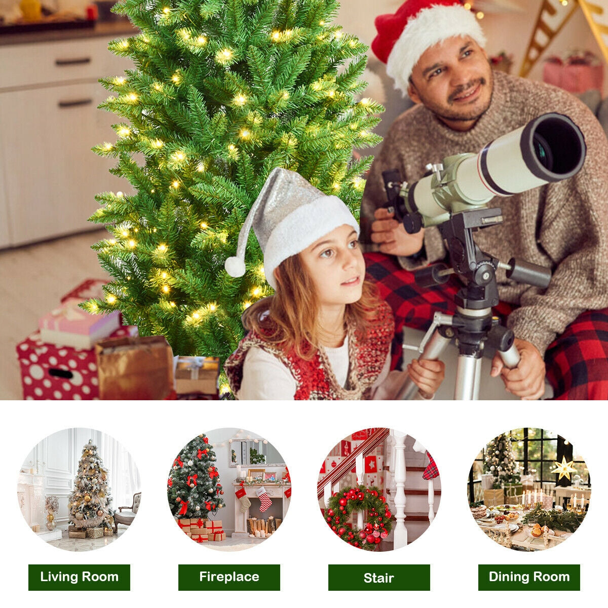 5 Feet PVC Hinged Pre-Lit Artificial Fir Pencil Christmas Tree with 150 Lights-5 ft