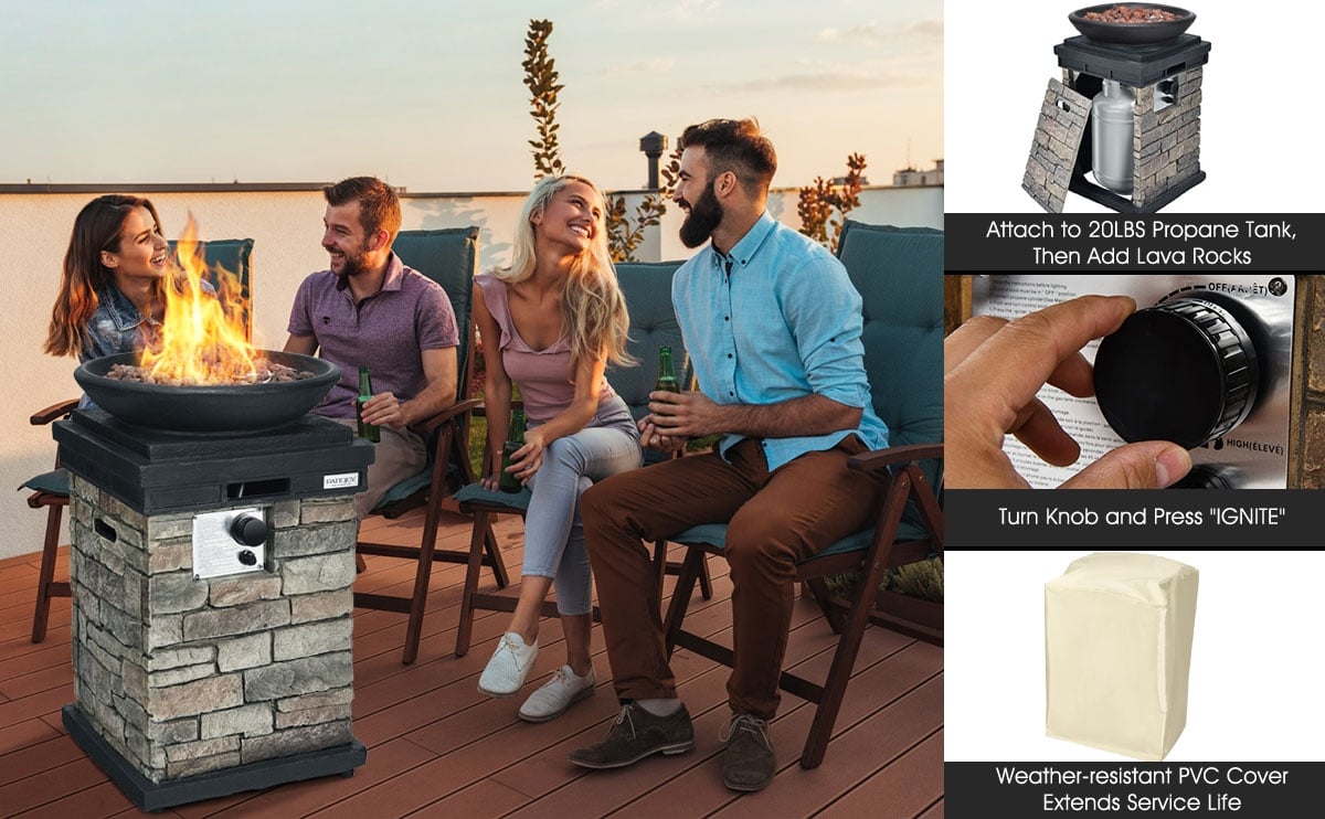 40000BTU Outdoor Propane Burning Fire Bowl Column Realistic Look Firepit Heater-Brown