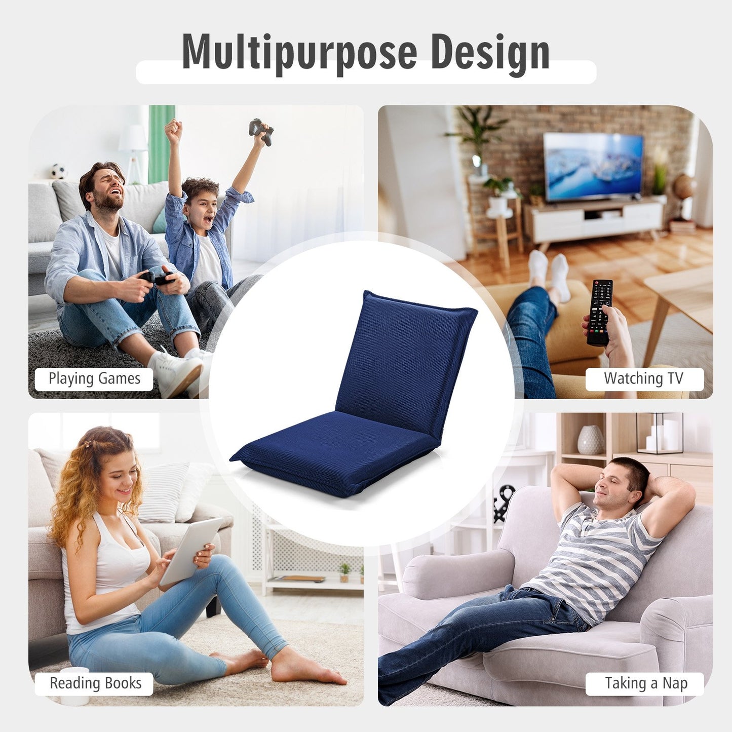 Adjustable 6 positions Folding Lazy Man Sofa Chair Floor Chair-Navy