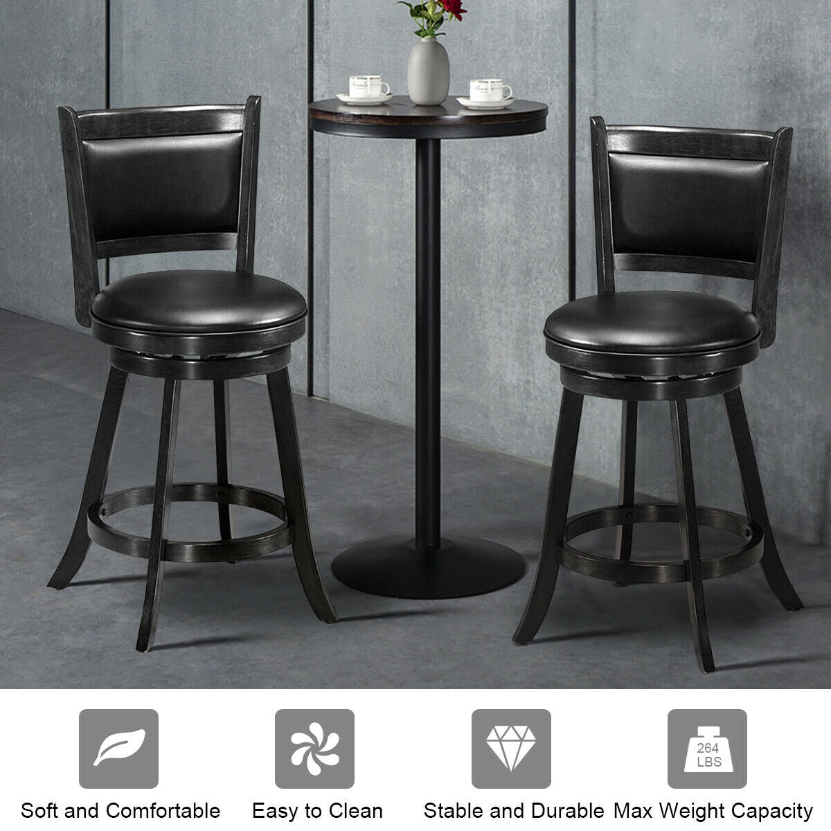 2 Pieces 24 Inch Swivel Counter Stool Dining Chair Upholstered Seat-Black