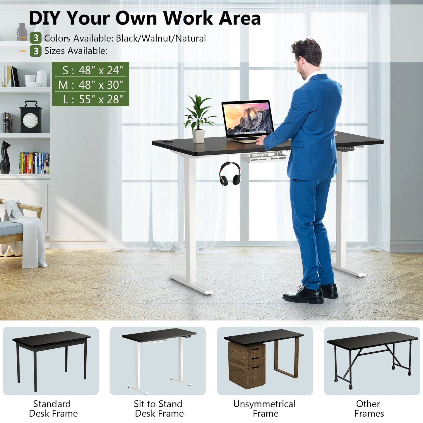 58" x 28" Universal Tabletop for Standard and Standing Desk Frame-Black