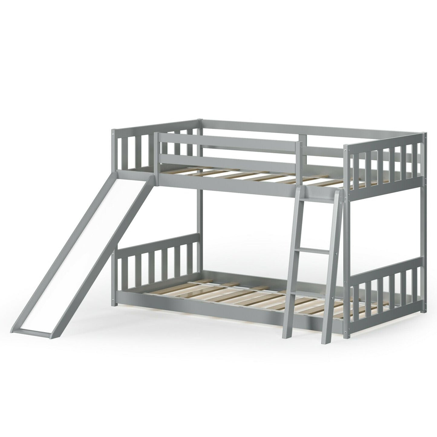 Twin over Twin Bunk Wooden Low Bed with Slide Ladder for Kids-Dark Brown