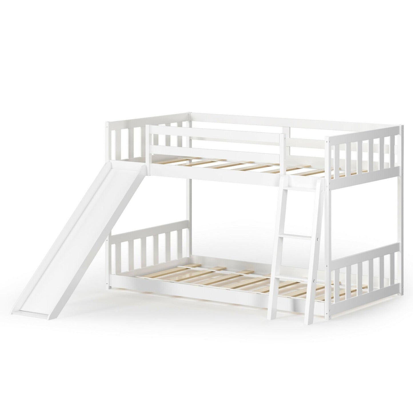 Twin over Twin Bunk Wooden Low Bed with Slide Ladder for Kids-Dark Brown