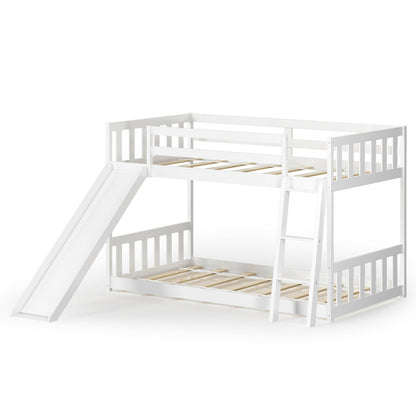 Twin over Twin Bunk Wooden Low Bed with Slide Ladder for Kids-Dark Brown