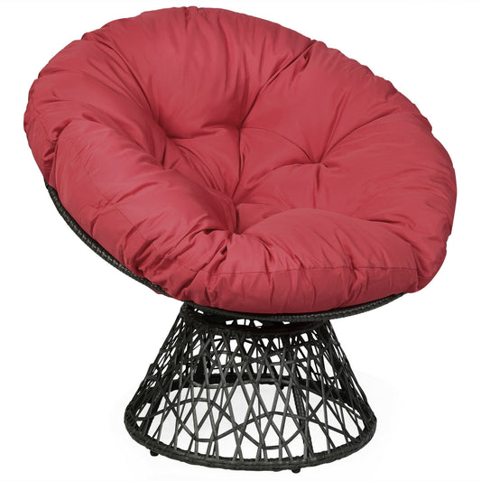 Rattan Papasan Chair Ergonomic 360-degree Swivel Soft Cushion Garden-Dark Red