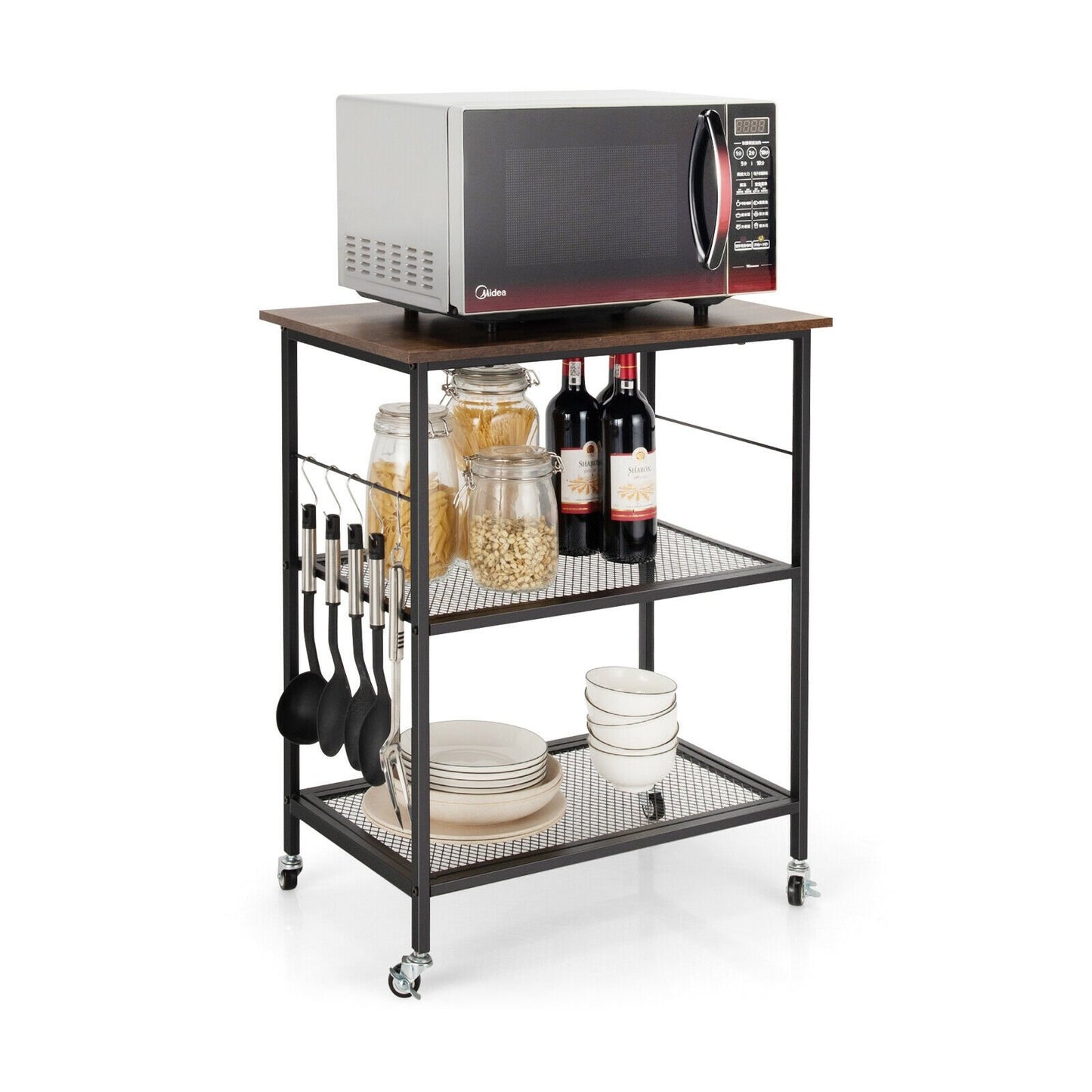 3-Tier Kitchen Serving Cart Utility Standing Microwave Rack with Hooks-Black