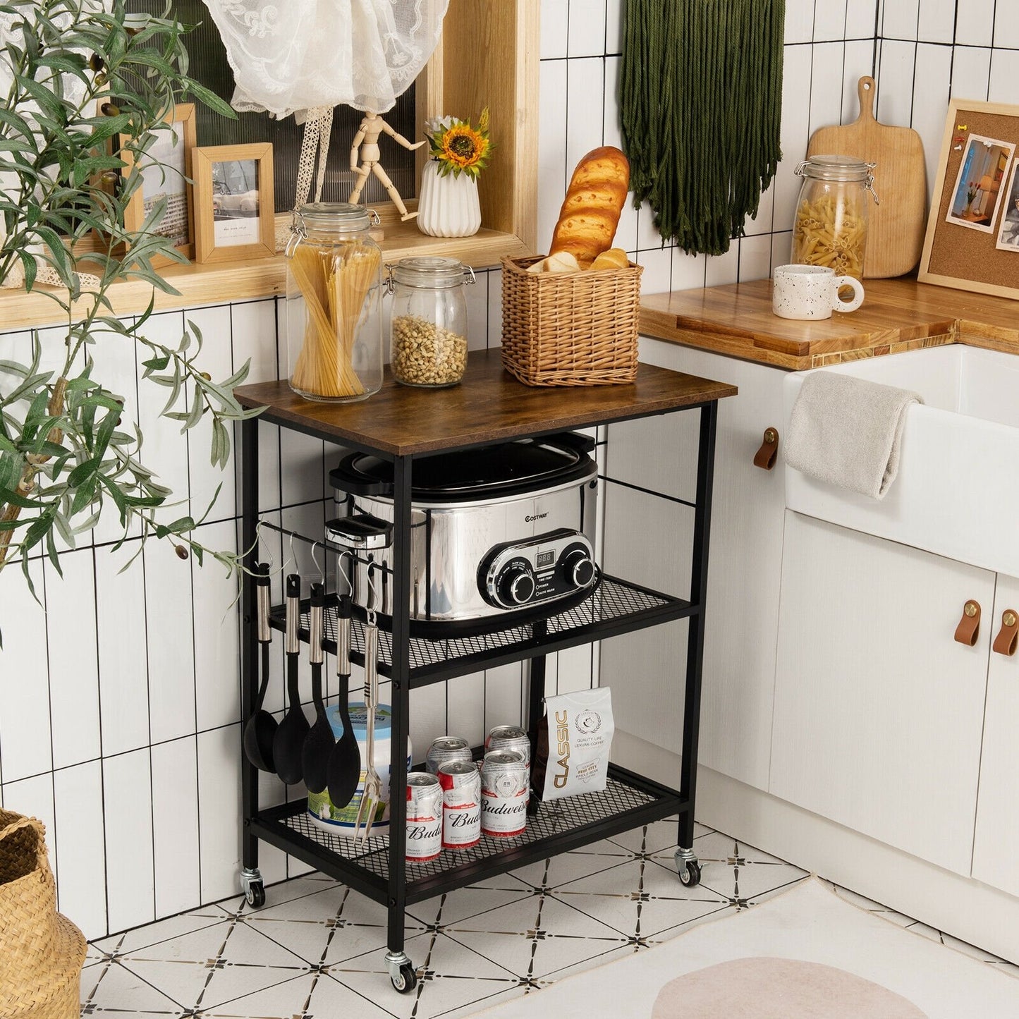 3-Tier Kitchen Serving Cart Utility Standing Microwave Rack with Hooks-Black