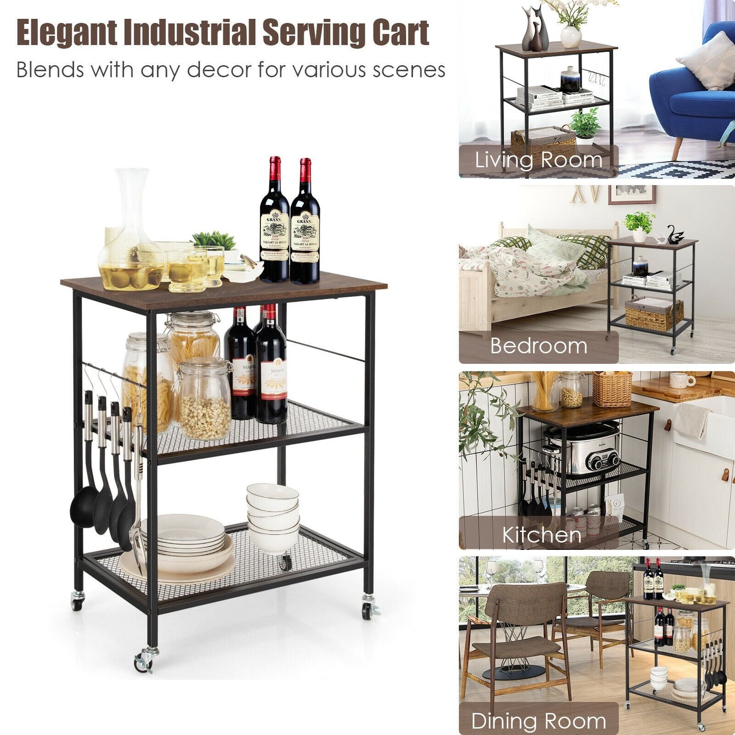 3-Tier Kitchen Serving Cart Utility Standing Microwave Rack with Hooks-Black