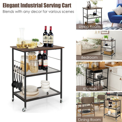3-Tier Kitchen Serving Cart Utility Standing Microwave Rack with Hooks-Black