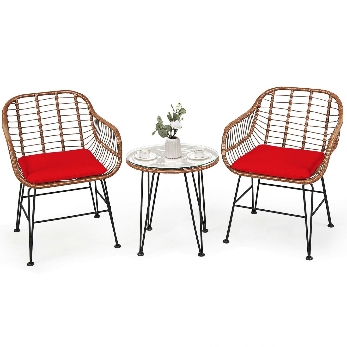 3 Pieces Patio Rattan Bistro Set with Cushion-Black