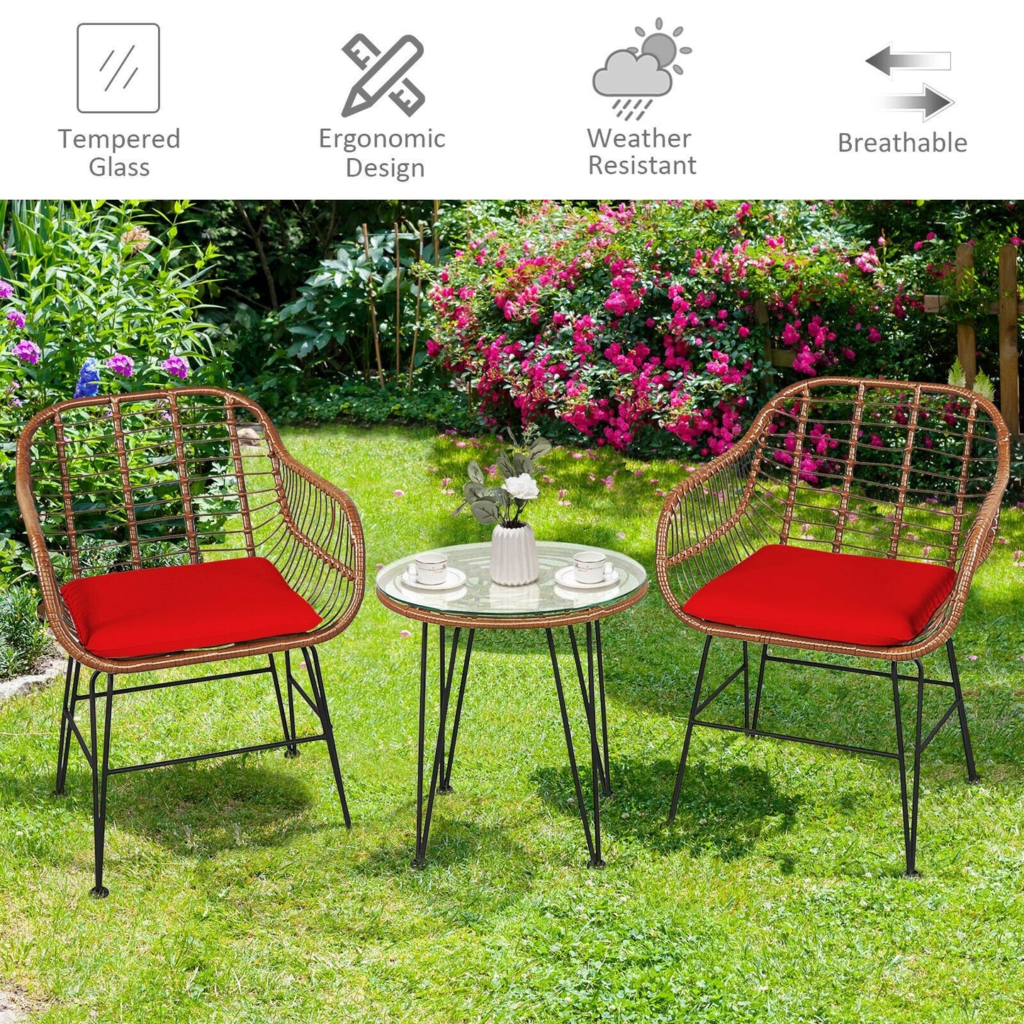 3 Pieces Patio Rattan Bistro Set with Cushion-Black
