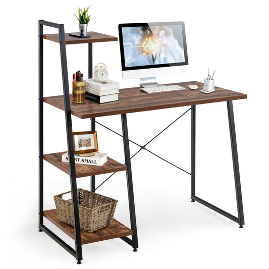 Compact Computer Desk Workstation with 4 Tier Shelves for Home and Office-Brown
