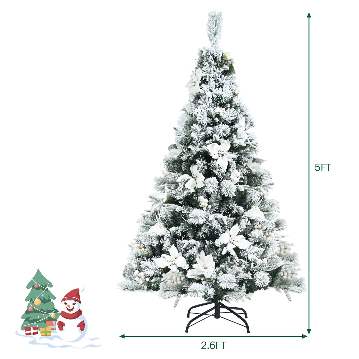 5 Feet Snow Flocked Hinged Christmas Tree with Berries and Poinsettia Flowers