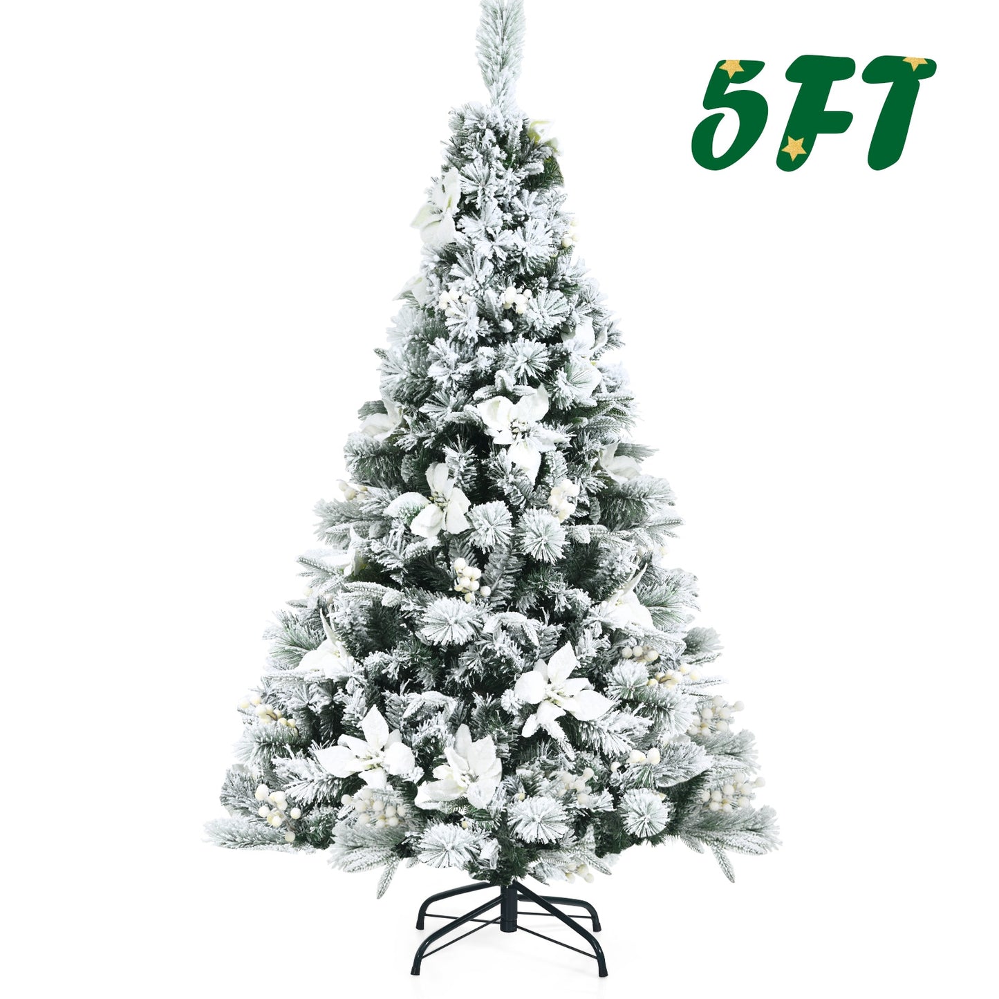 5 Feet Snow Flocked Hinged Christmas Tree with Berries and Poinsettia Flowers
