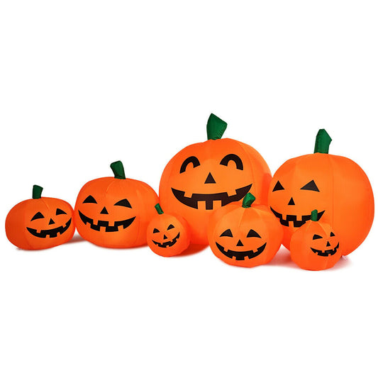 7.5-foot Halloween inflatable featuring a pumpkin patch with LED lights, decorated with seven pumpkins for festive holiday decor