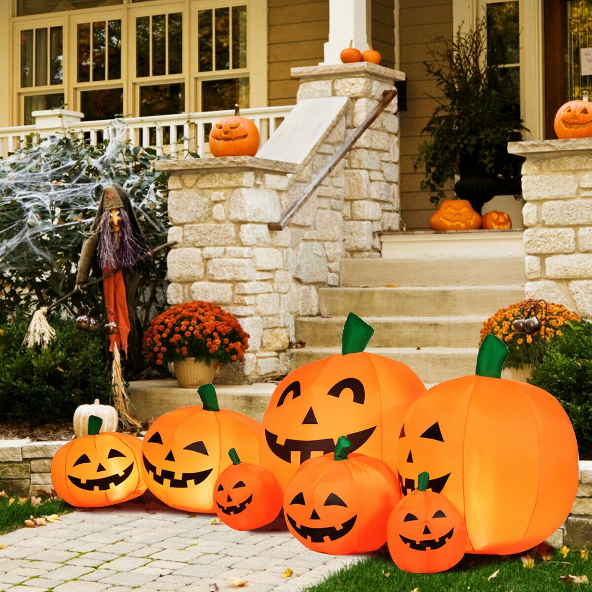 7.5-foot Halloween inflatable with seven pumpkins and LED lights, festive outdoor holiday decor by Wilsons Home Store