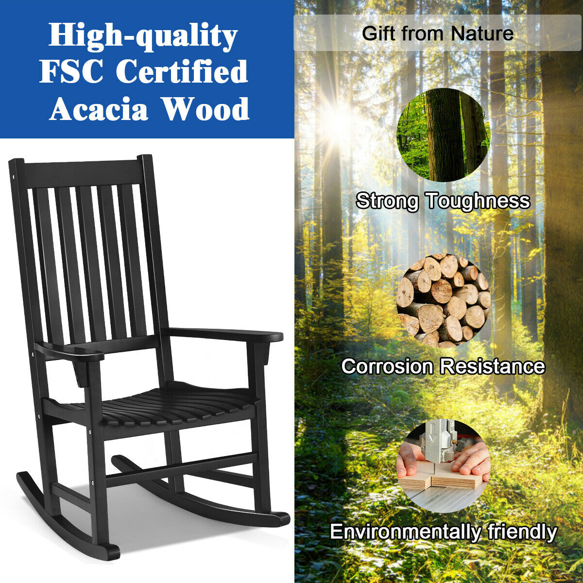 Indoor Outdoor Wooden High Back Rocking Chair-Black