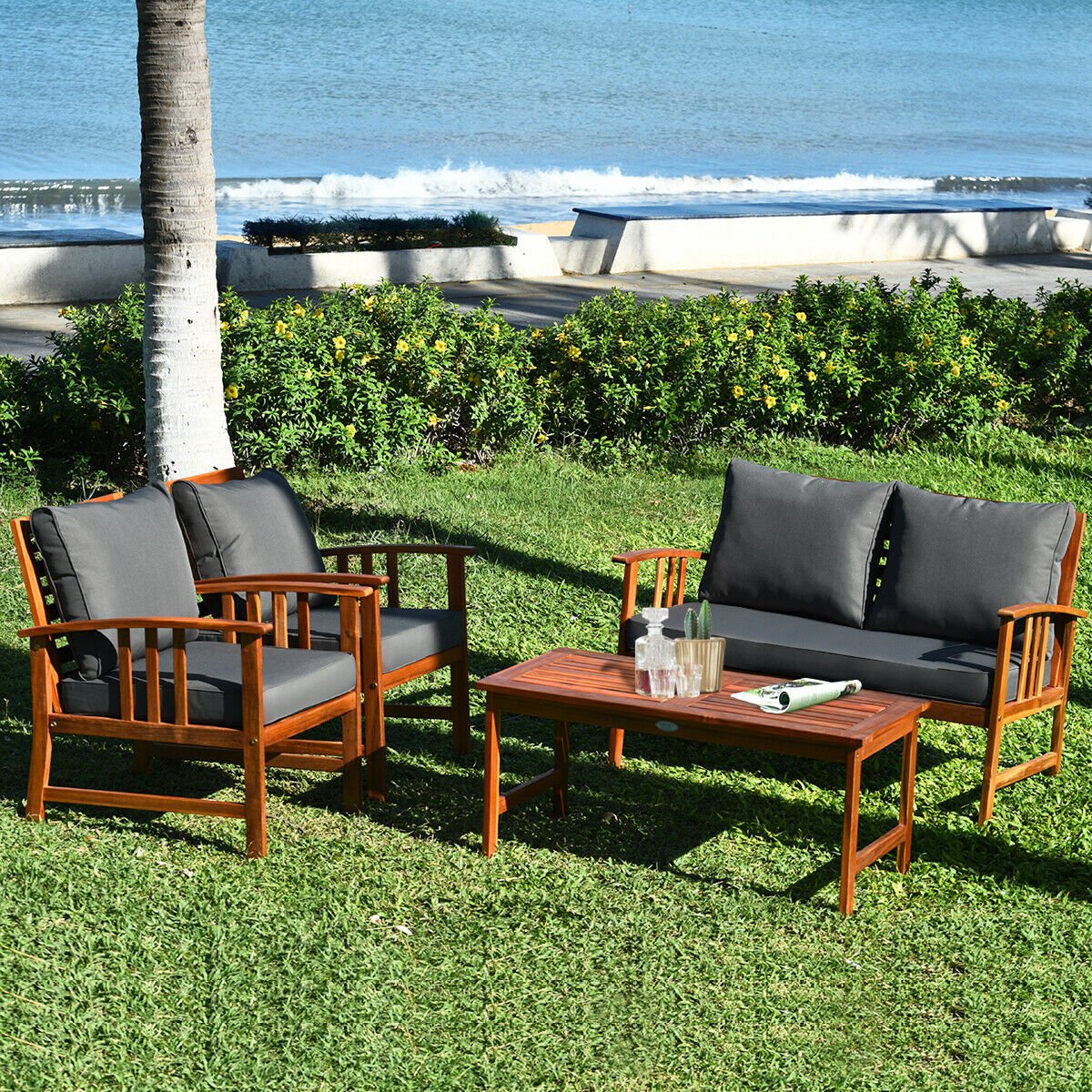 4 Pieces Wooden Patio Furniture Set with Table and Sofa Chair