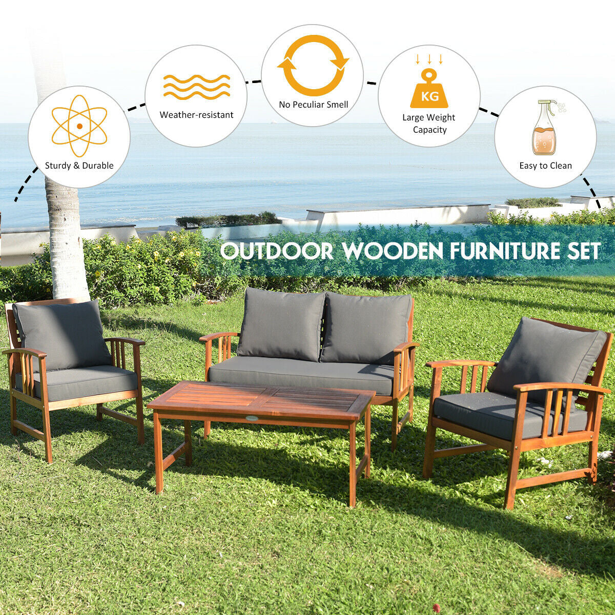 4 Pieces Wooden Patio Furniture Set with Table and Sofa Chair