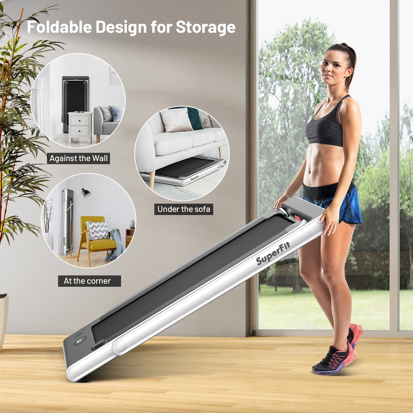 2-in-1 Electric Motorized Health and Fitness Folding Treadmill with Dual Display and Speaker-White