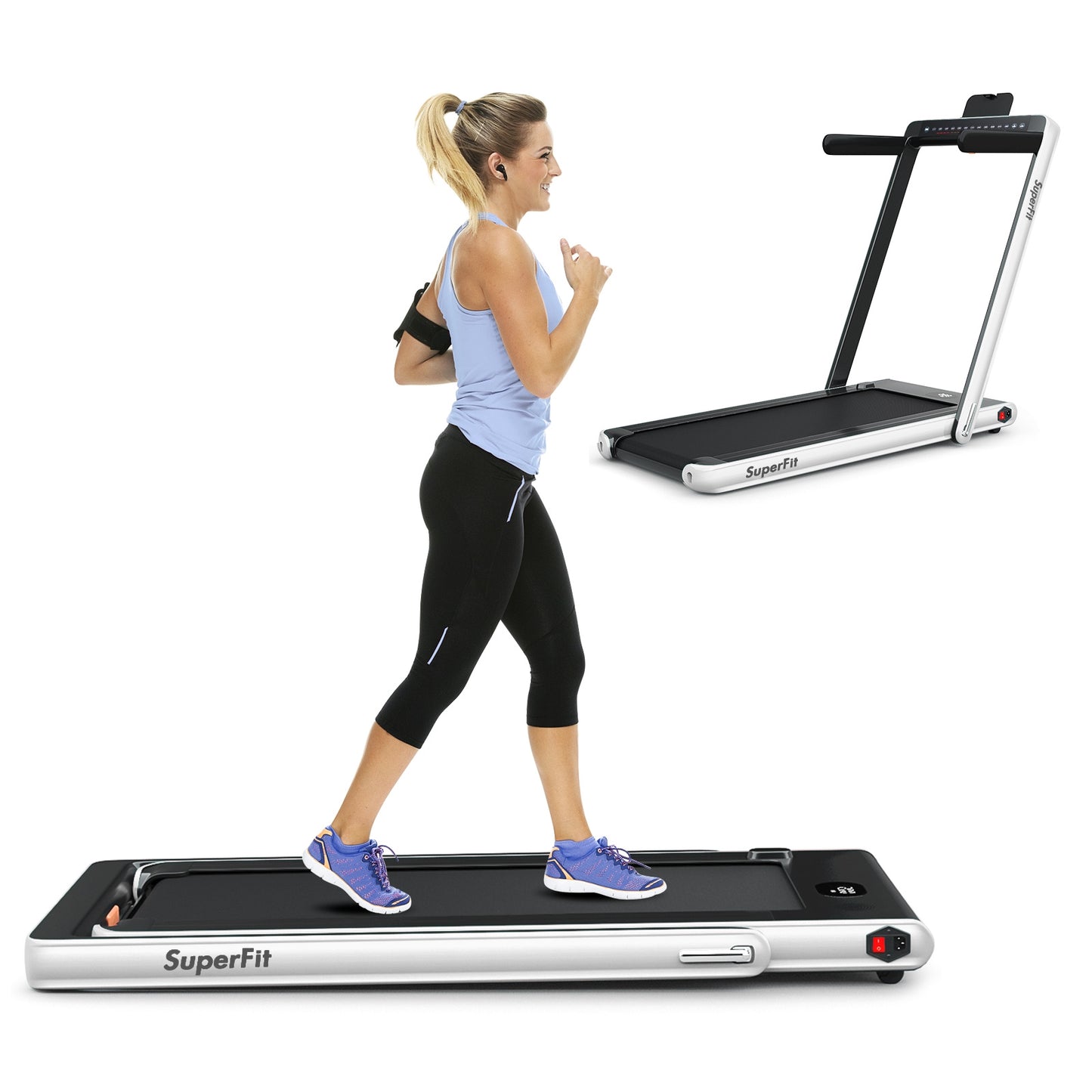 2-in-1 Electric Motorized Health and Fitness Folding Treadmill with Dual Display and Speaker-White