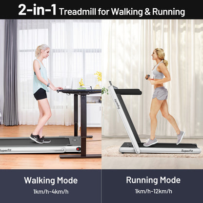 2-in-1 Electric Motorized Health and Fitness Folding Treadmill with Dual Display and Speaker-White